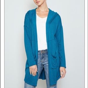NWOT Blue Long Sleeve Open Front Hooded Cardigan